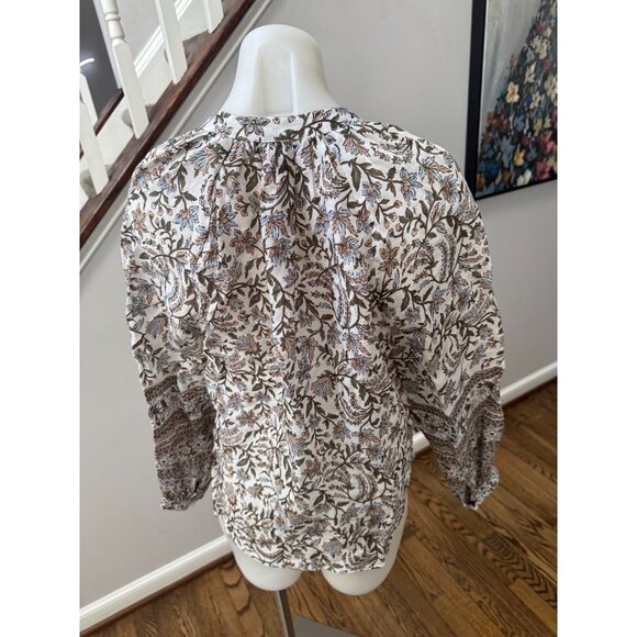 Veronica Beard Ailani Printed Long-Sleeve Linen Top Blouse Dove Size 0 - Picture 2 of 2